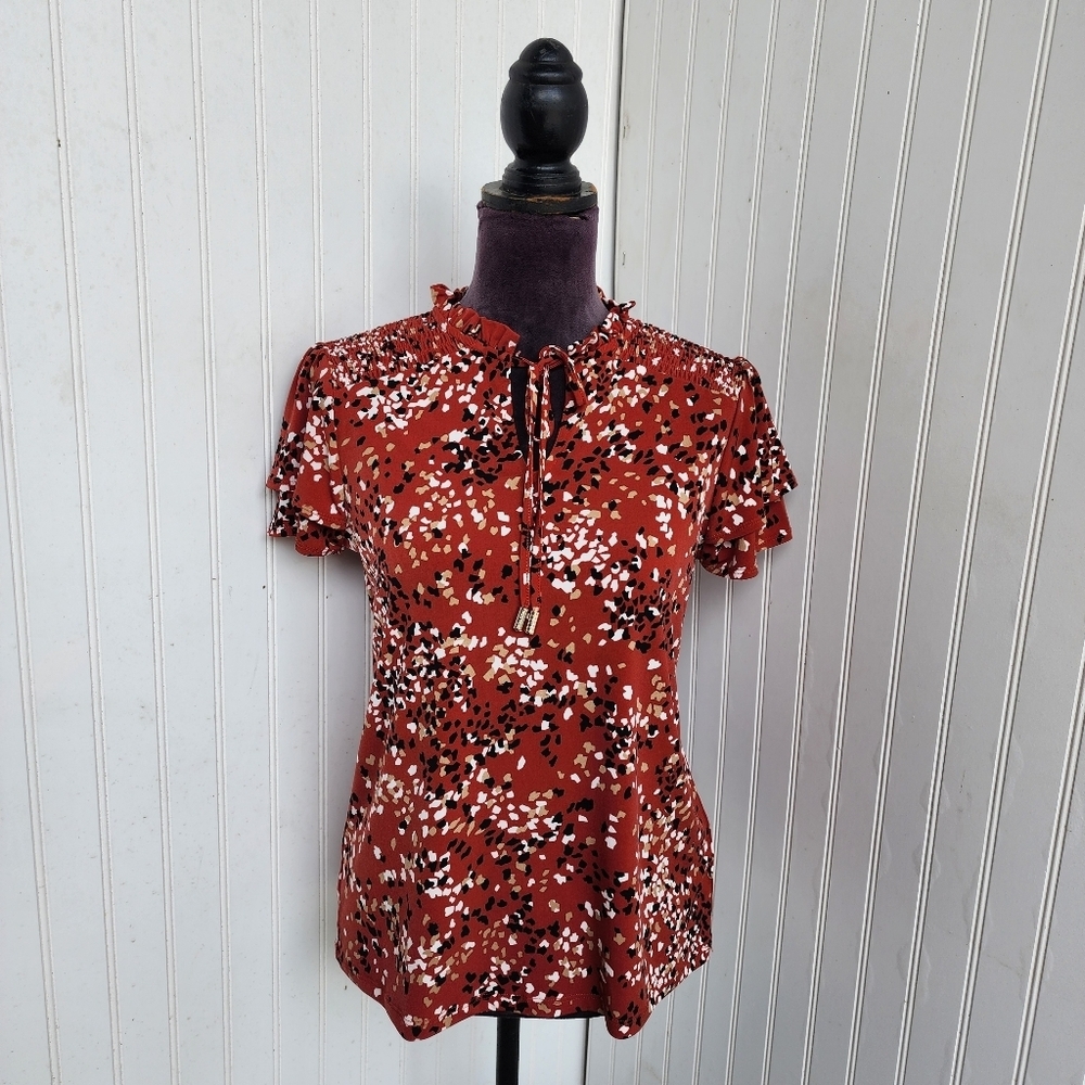 Anne Klein Women's Brick Red Floral Stretch Ruffle Sleeve V-Neck Blouse Tie Sz S